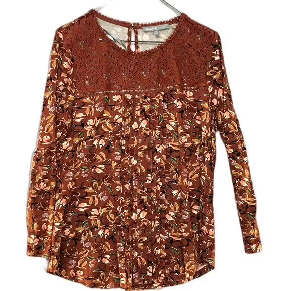 Anthropologie Daniel Rainn Darrel Crochet Yoke Knit Floral Print Top Petite M - Picture 2 of 9